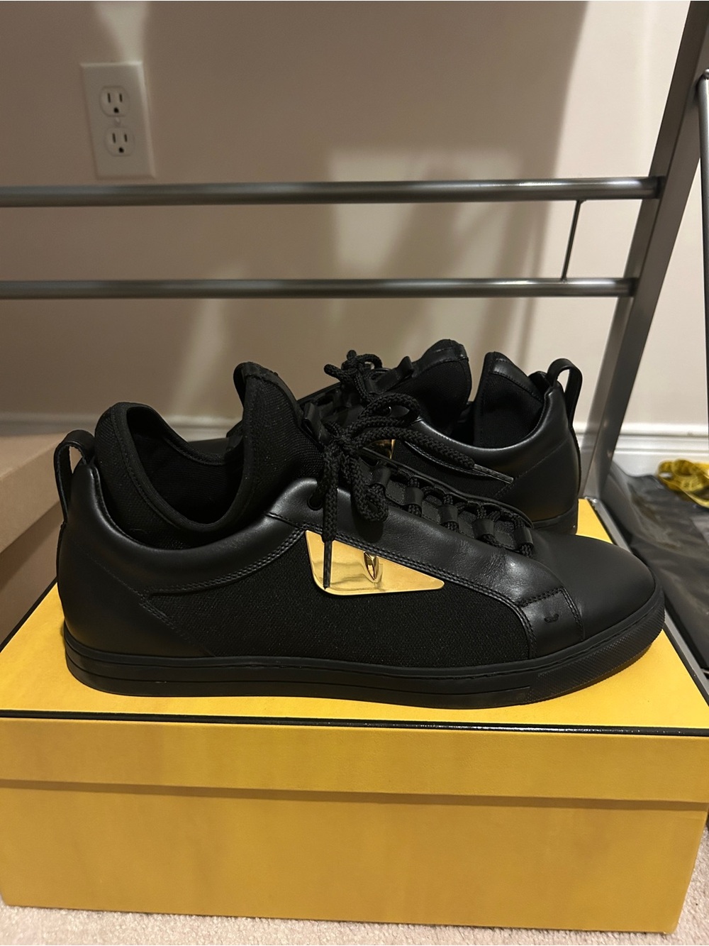 Men’sFendi Black Low-Top Sneakers with Gold Side Plate fits size 9.5 and 10